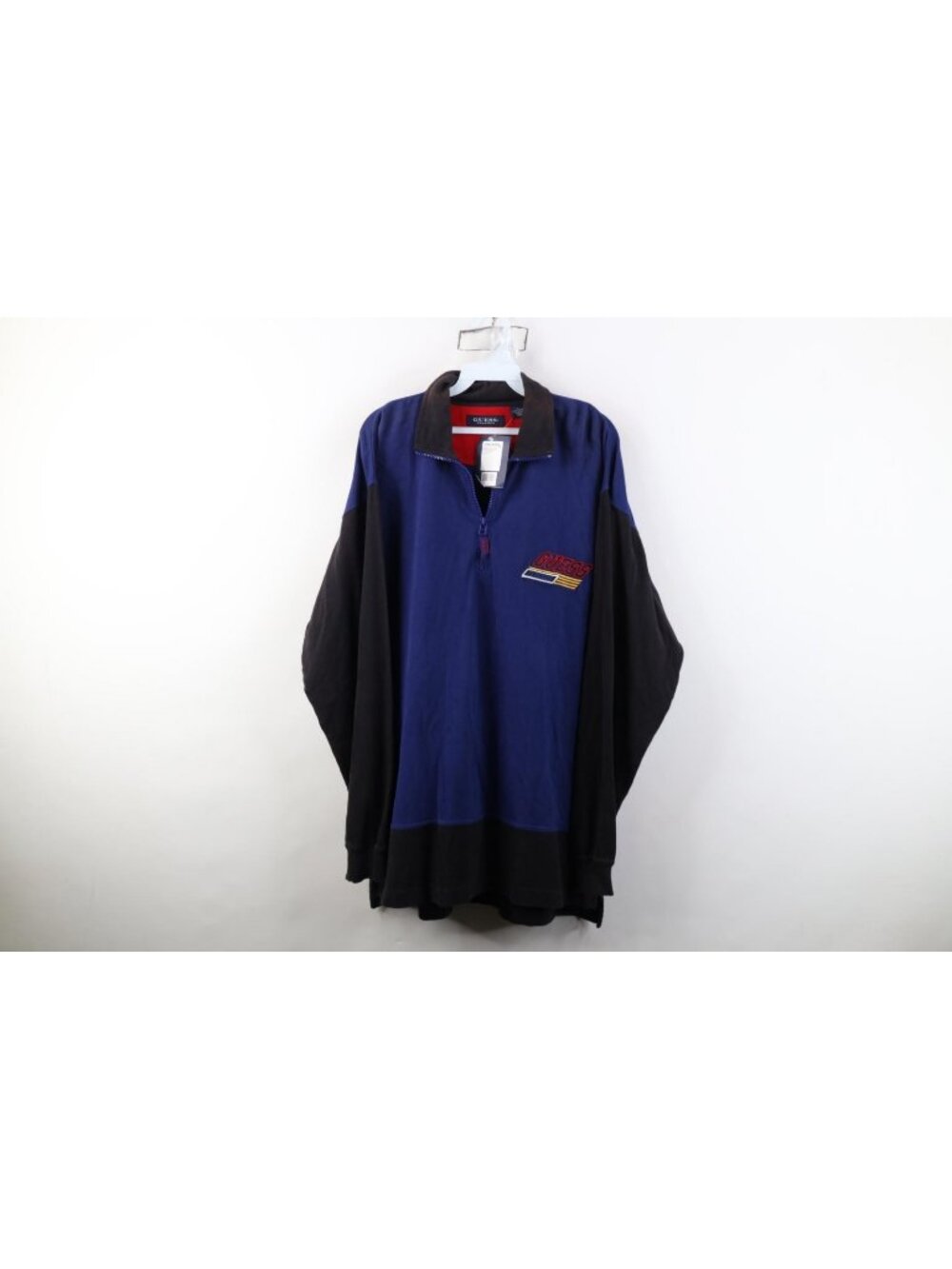 Deadstock Vintage 90s Guess Mens Large Spell Out Baggy 1/4 Zip Long Sleeve Polo
